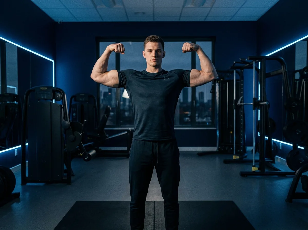 Fit muscular Canadian man in a premium gym — muscle-growth peptides, Nuvion Peptides