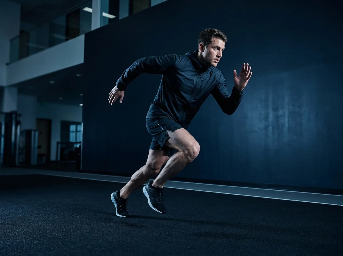 Athletic Canadian man sprinting in a premium track facility — performance peptides, Nuvion Peptides
