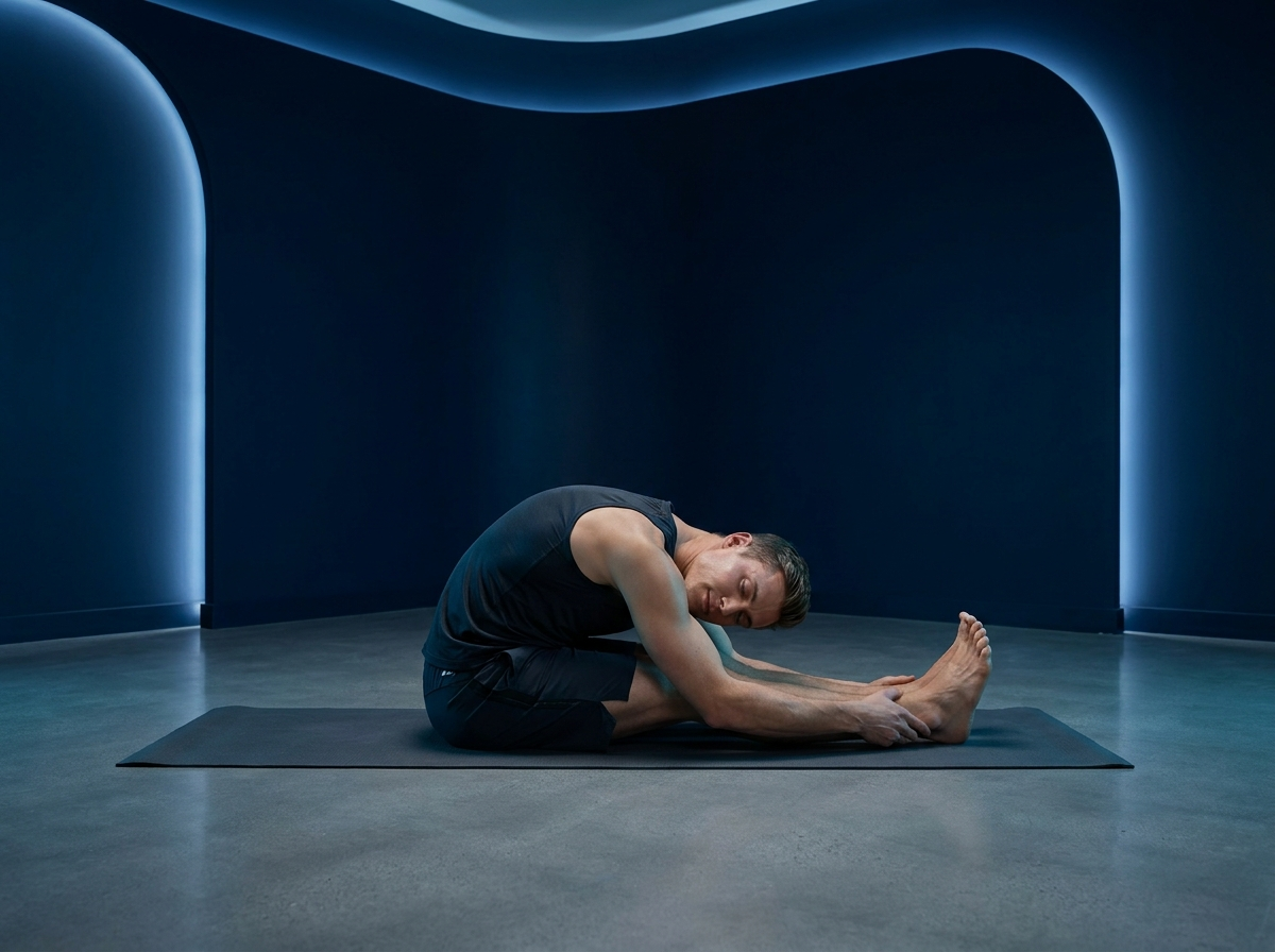 Fit Canadian man in a calm mobility stretch — recovery and repair research peptides, Nuvion Peptides