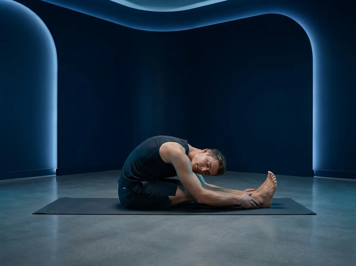 Fit Canadian man in a calm mobility stretch — recovery and repair peptides, Nuvion Peptides