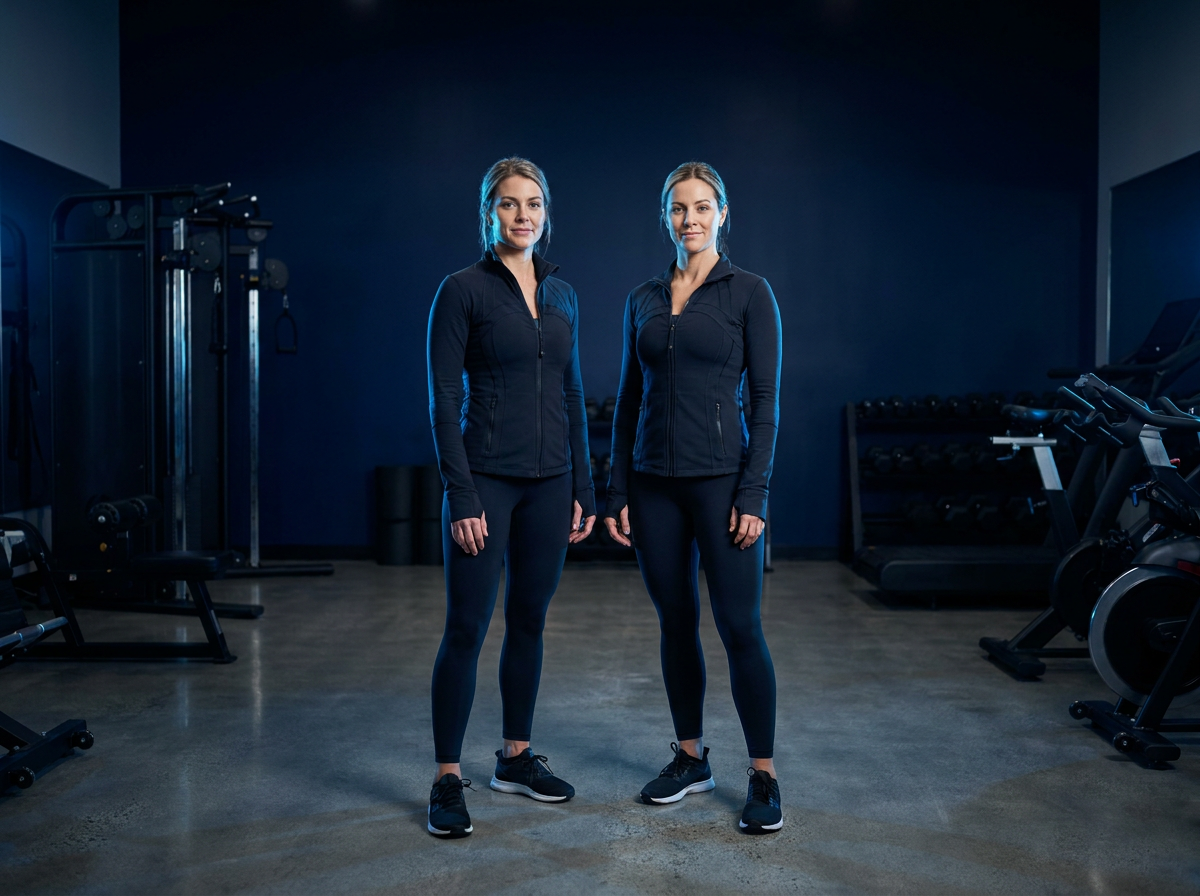 Two fit Canadian women in a premium studio — weight-management research peptides, Nuvion Peptides